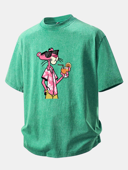 Vacation Pink Panther Print Washed Distressed Drop Shoulder T-Shirt