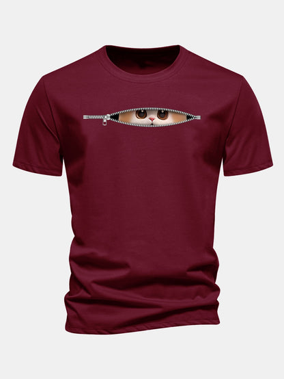 Regular Fit Zipper Cat Print Cotton T-Shirt