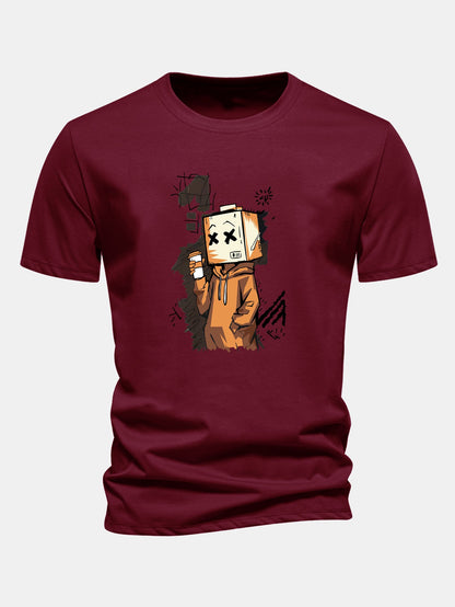 Regular Fit Cartoon Box Head Print Cotton T-Shirt