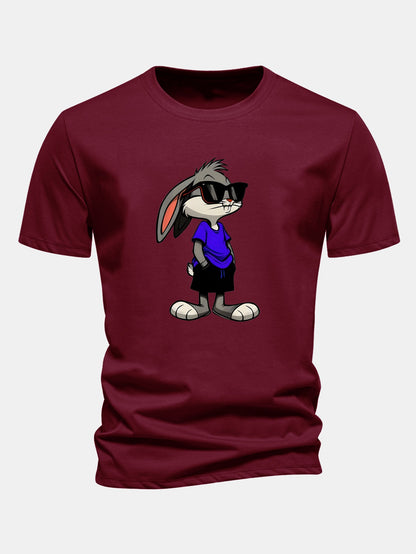 Regular Fit Sunglasses Rabbit Print Cotton T-Shirt