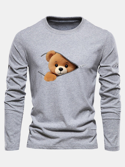 Long Sleeve Zipper Bear Print Cotton T-Shirt