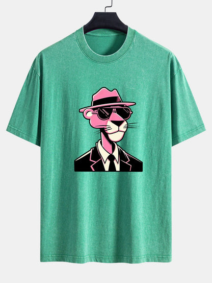 Pink Gentleman Panther Print Washed Distressed Drop Shoulder T-Shirt