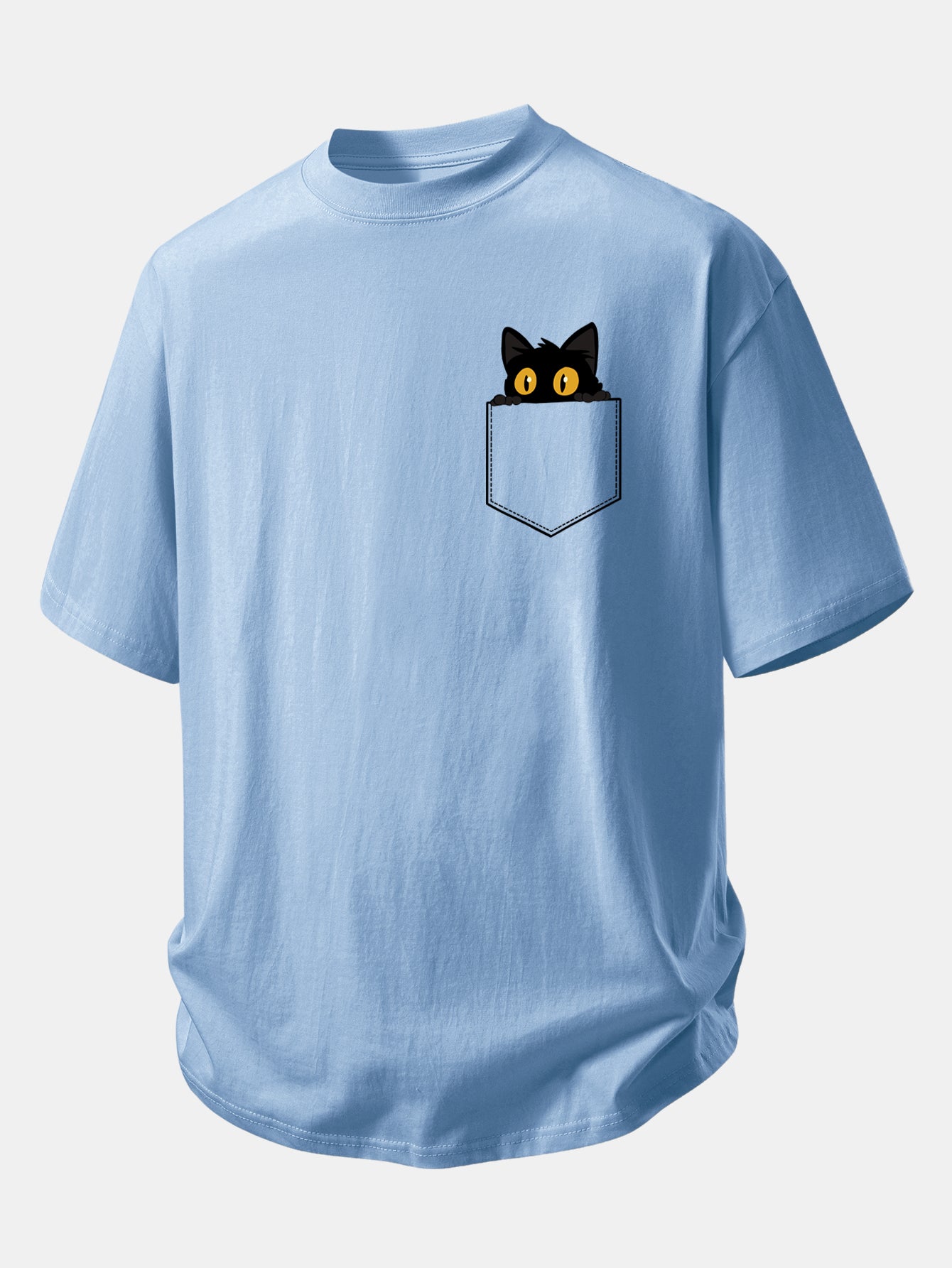Relax Fit Pocket Black Cat Print Cotton T-Shirt