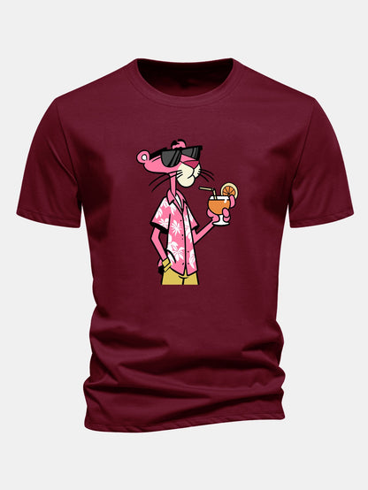 Regular Fit Vacation Pink Panther Print Cotton T-Shirt