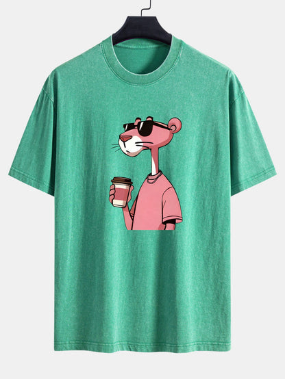Pink Panther Drinking Coffee Print Washed Distressed Drop Shoulder T-Shirt