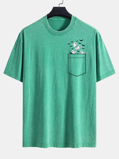 Pocket Bat Ghost Print Washed Distressed Drop Shoulder T-Shirt