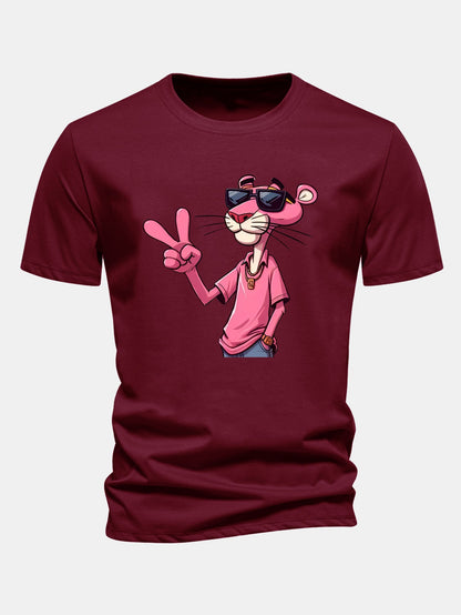 Regular Fit Pink Panther With V Sign Print Cotton T-Shirt