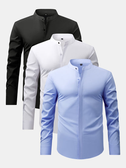 3 Pieces Non-Iron Hidden Placket Stand Collar Dress Shirt