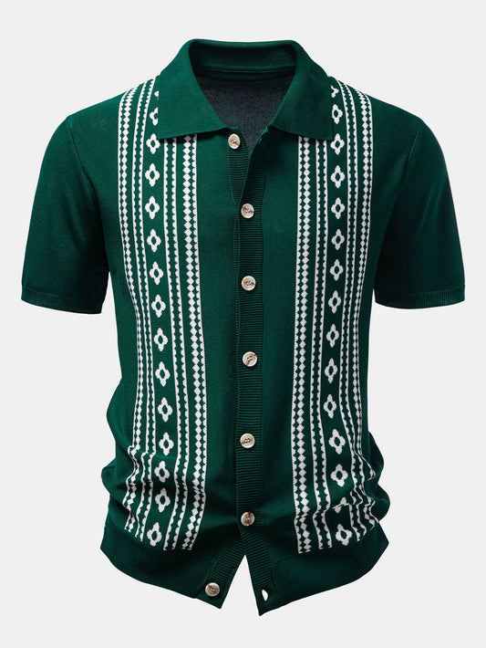 Geometric Floral Jacquard Button Up Knit Shirt