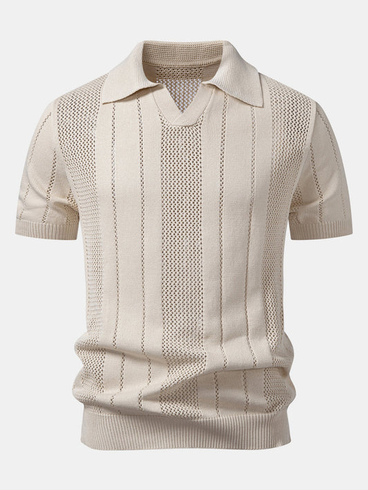 Johnny Collar Striped Open Knit Polo