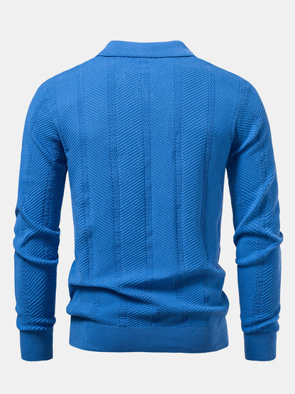 Long Sleeve Stripe V Neck Knit Polo Shirt