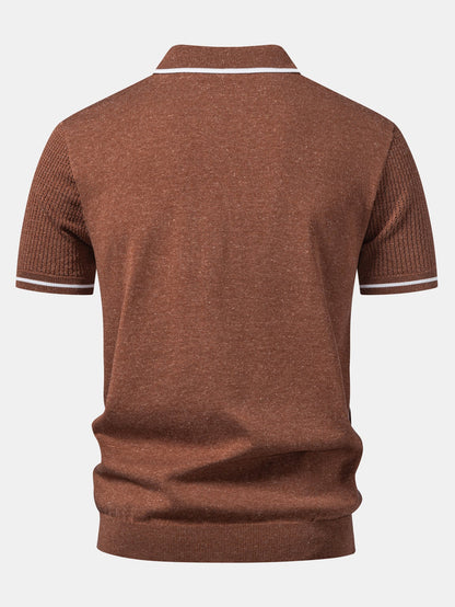 Contrast Stripe Trim Pocket Johnny Collar Knit Polo