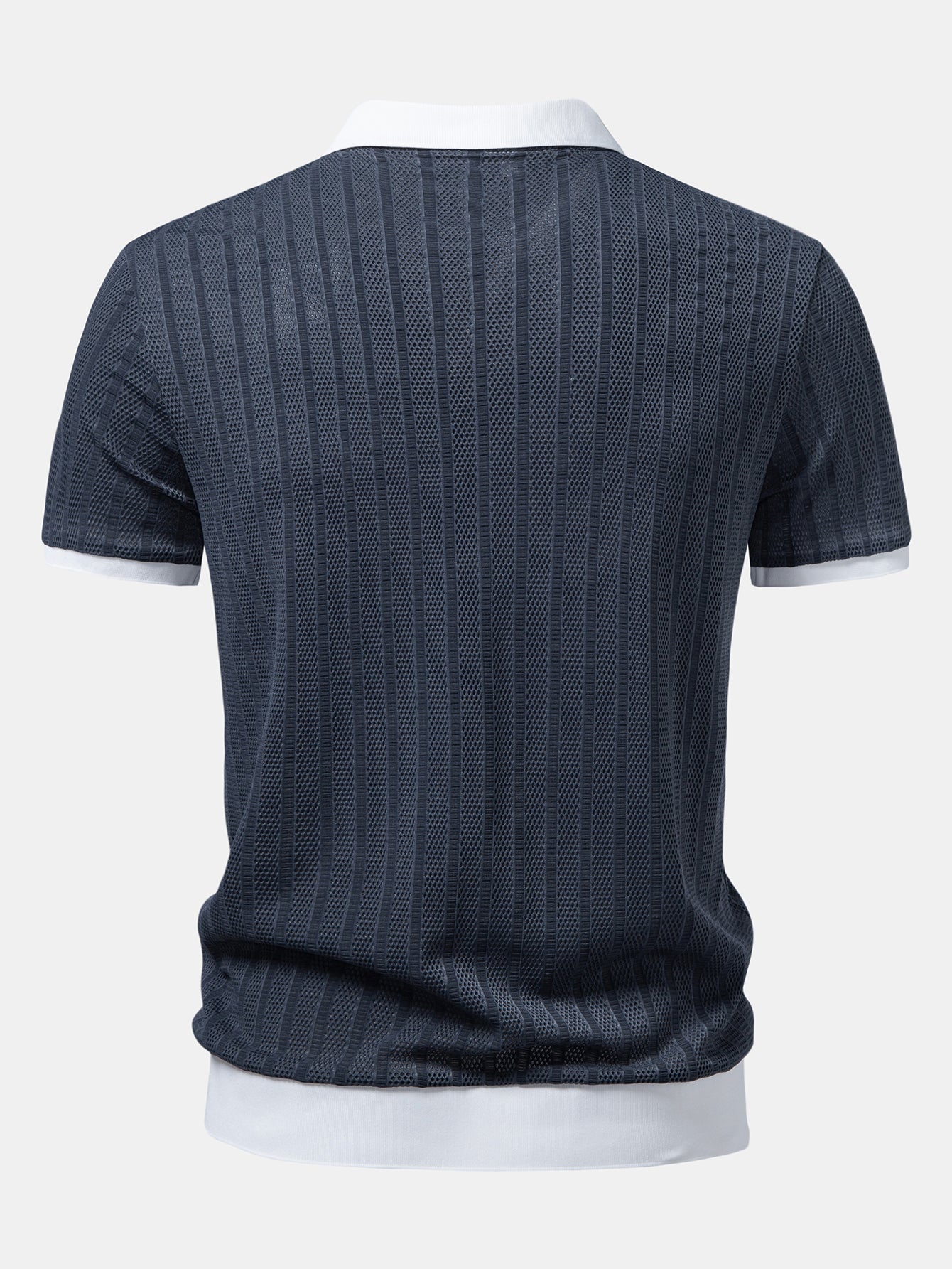 Striped Textured Johnny Collar Open Knit Polo
