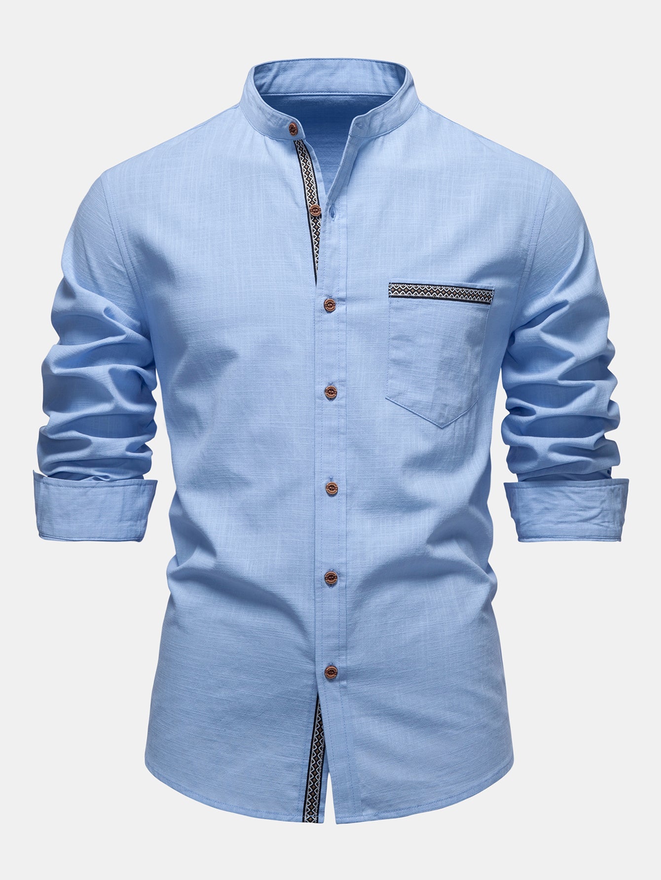 Contrast Trim Linen Look Stand Collar Shirt