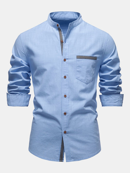 Contrast Trim Linen Look Stand Collar Shirt