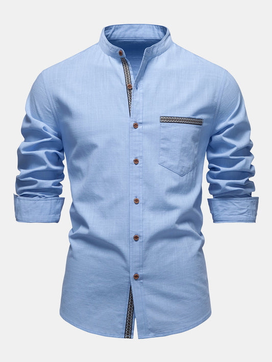 Contrast Trim Linen Look Stand Collar Shirt