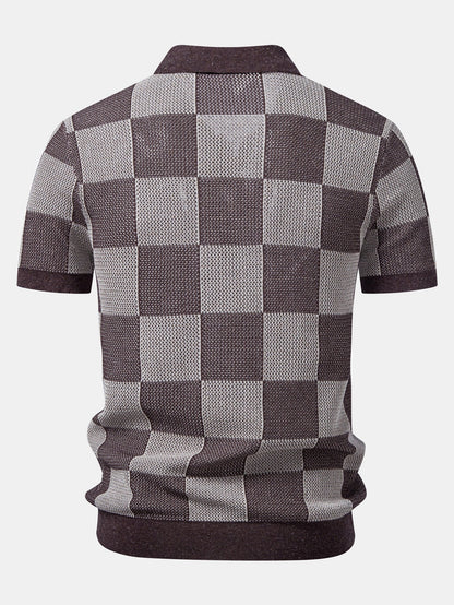 Checkerboard Crocheted Zipper Knit Polo