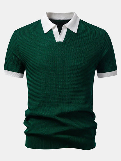 Textured Contrast Johnny Collar Knit Polo
