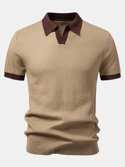 Textured Contrast Johnny Collar Knit Polo
