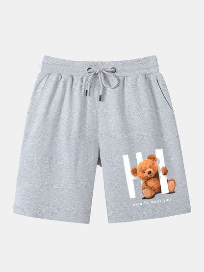 Slogan Bear Print Mid Length Shorts