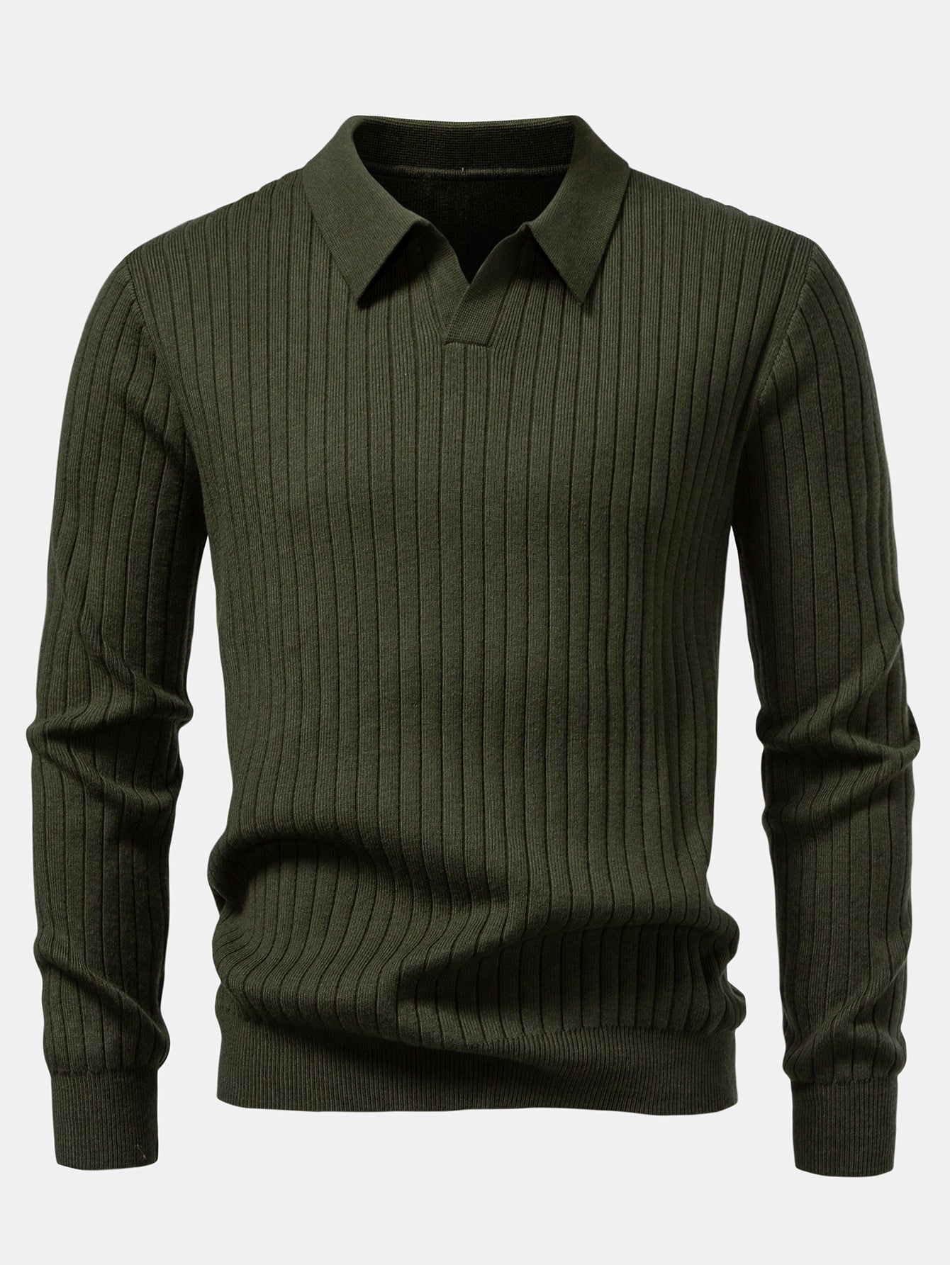 Long Sleeve Ribbed Knit Johnny Collar Polo Shirt
