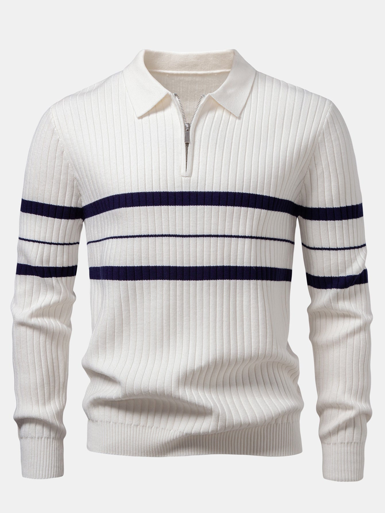 Stripe Zip Knit Ribbed Polo Shirt