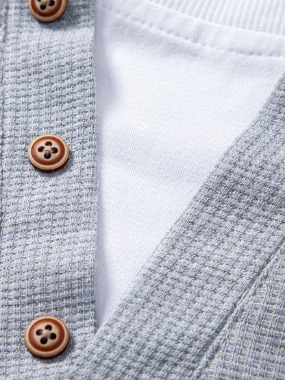 2 In 1 Button V-Neck Waffle T-Shirt With Pocket
