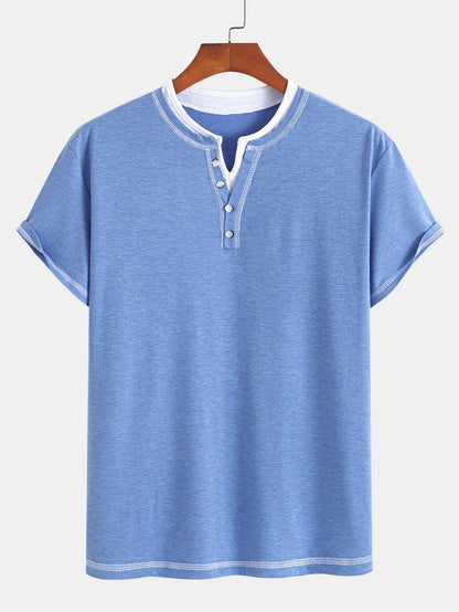 2-in-1 Notched Collar Contrast Stitching T-Shirt