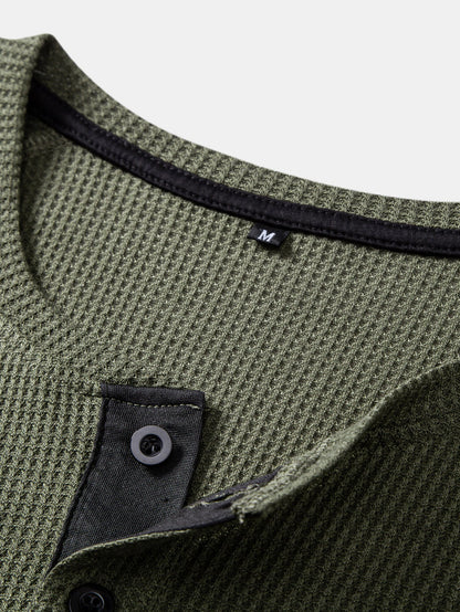 Long Sleeve Arc Hem Waffle Henley Shirt