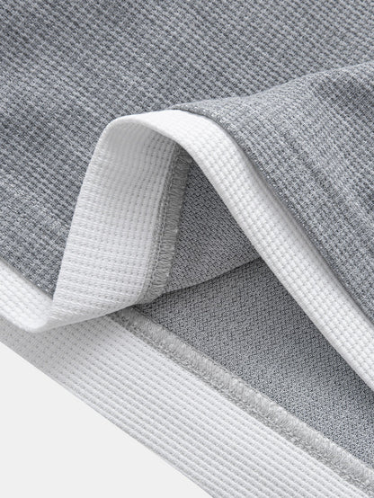 Contrast Button-Placket Waffle Hooded T-Shirt