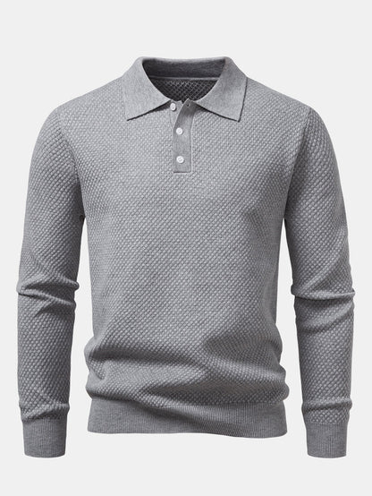 Long Sleeve Pineapple Textured Knit Polo Shirt
