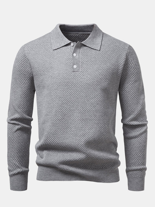 Long Sleeve Pineapple Textured Knit Polo Shirt