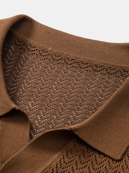 Textured Crochet V Neck Polo Shirt