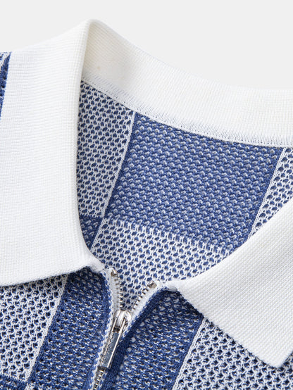 Checkerboard Crocheted Zipper Knit Polo