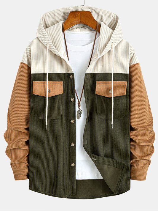 Relax Fit Corduroy Patchwork Hooded Shirt With Pockets