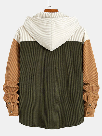 Relax Fit Corduroy Patchwork Hooded Shirt With Pockets