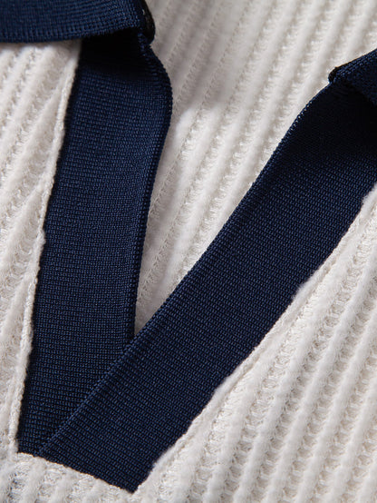 Contrast Knit Waffle Johnny Collar Polo