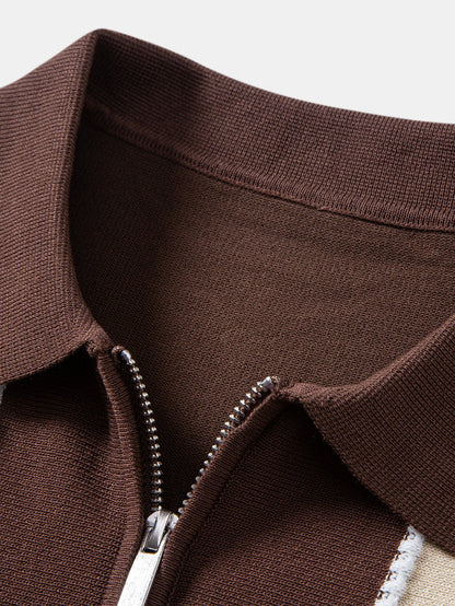 Contrast Striped Geometric zipper Knit Polo