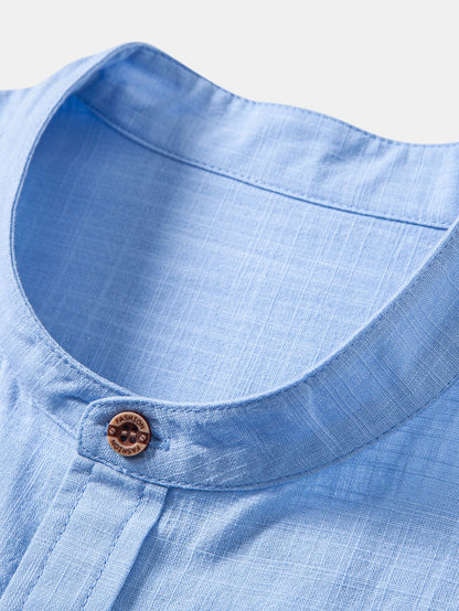 Contrast Trim Linen Look Stand Collar Shirt