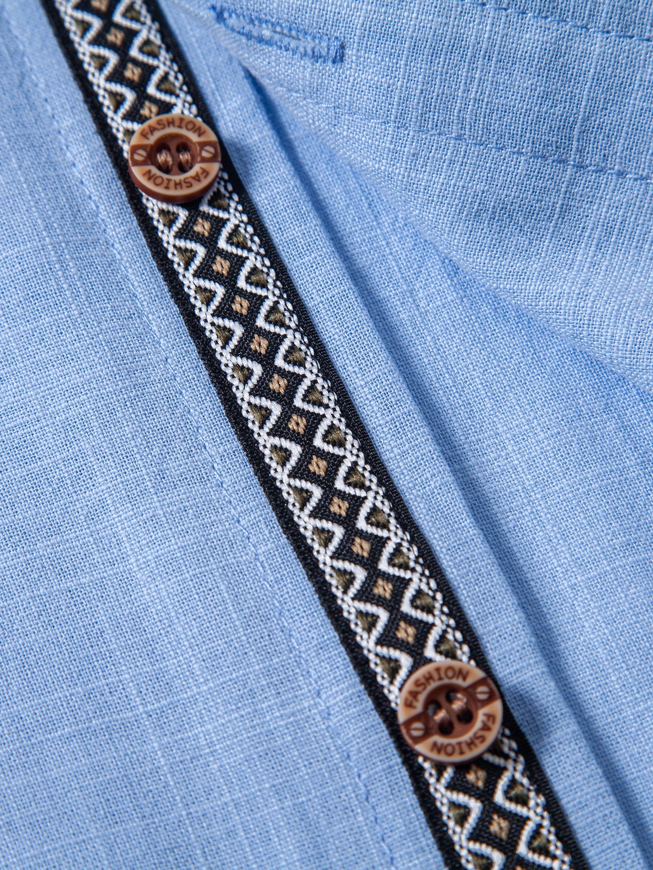 Contrast Trim Linen Look Stand Collar Shirt
