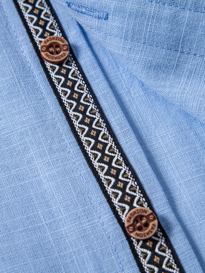 Contrast Trim Linen Look Stand Collar Shirt