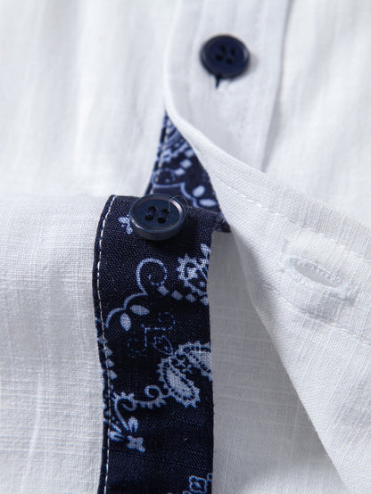 Contrast Paisley Print Linen Look Shirt