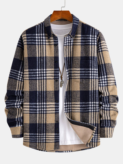Flannel Fleece Lined Plaid Cotton Button Up Shirt