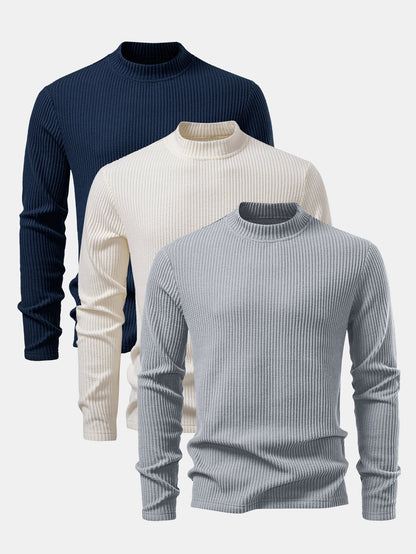 3 Pieces Long Sleeve Waffle Mock Neck T-Shirt