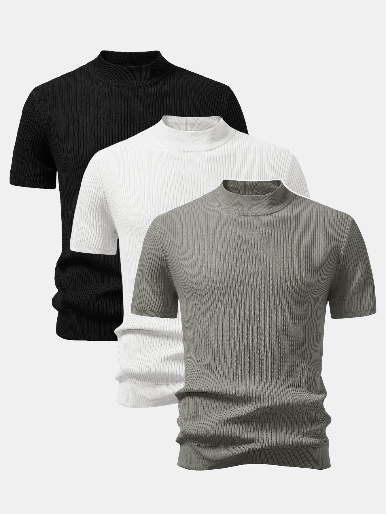 3 Pieces Ribbed Mock Neck Knit T-Shirt