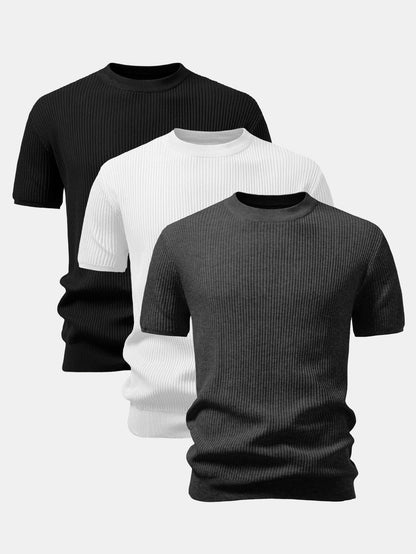 3 Pieces Ribbed Crew Neck Knit T-Shirt