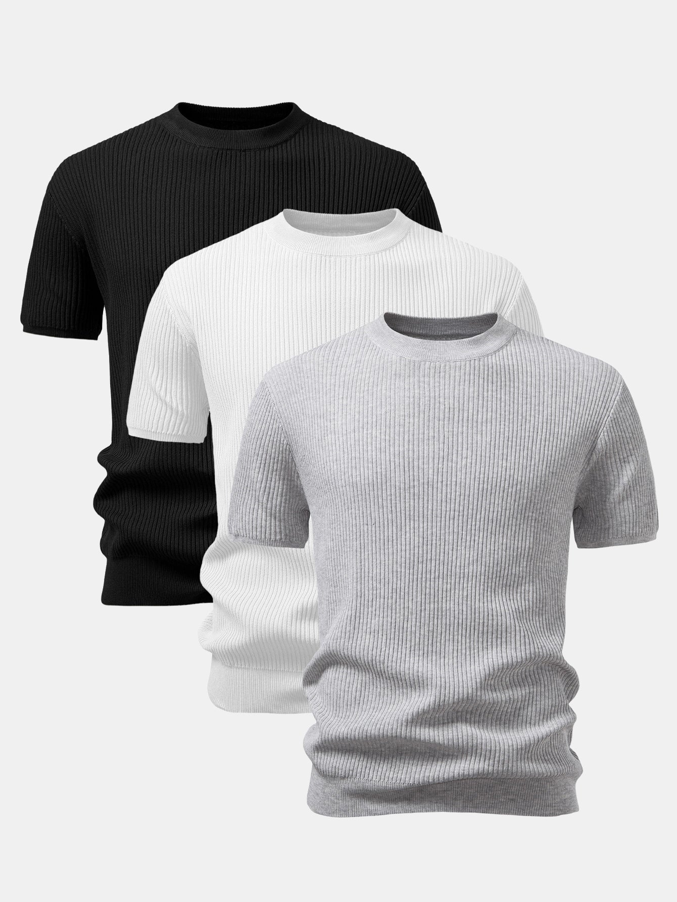 3 Pieces Ribbed Crew Neck Knit T-Shirt