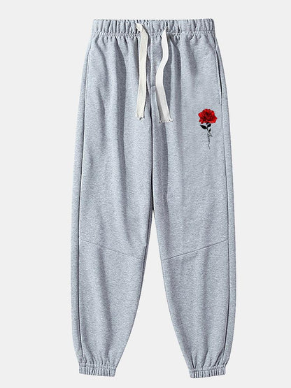 Rose Print Cotton Blend Jogger Pants