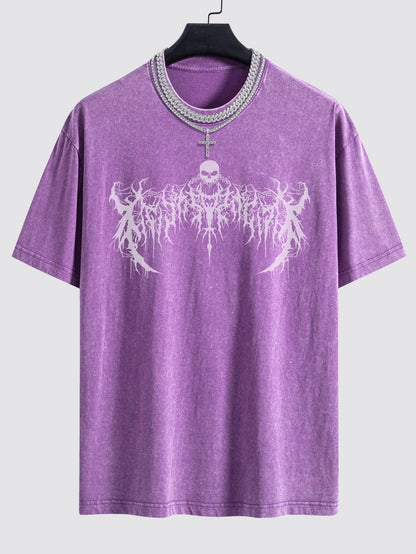 Goth Skull Print Washed Drop Shoulder Oversize T-Shirt