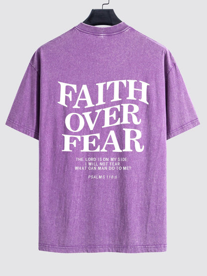 Faith Over Fear Print Washed Distressed Drop Shoulder T-Shirt